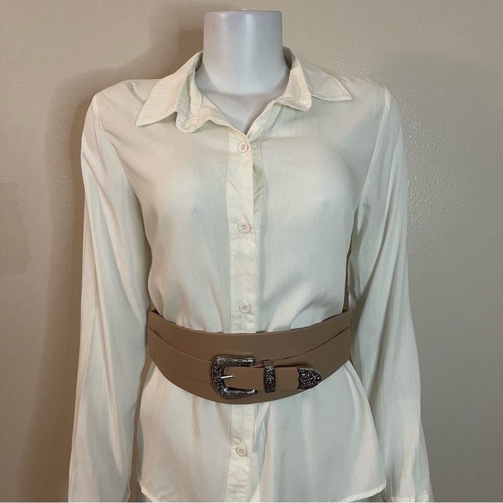 Beige PU leather elastic waistband chunky buckle wide belt